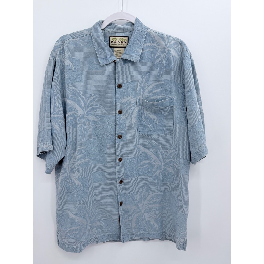 Jamaica Jaxx Button Down Shirt Mens Medium Blue Silk Palm Tree Jacquard Camp